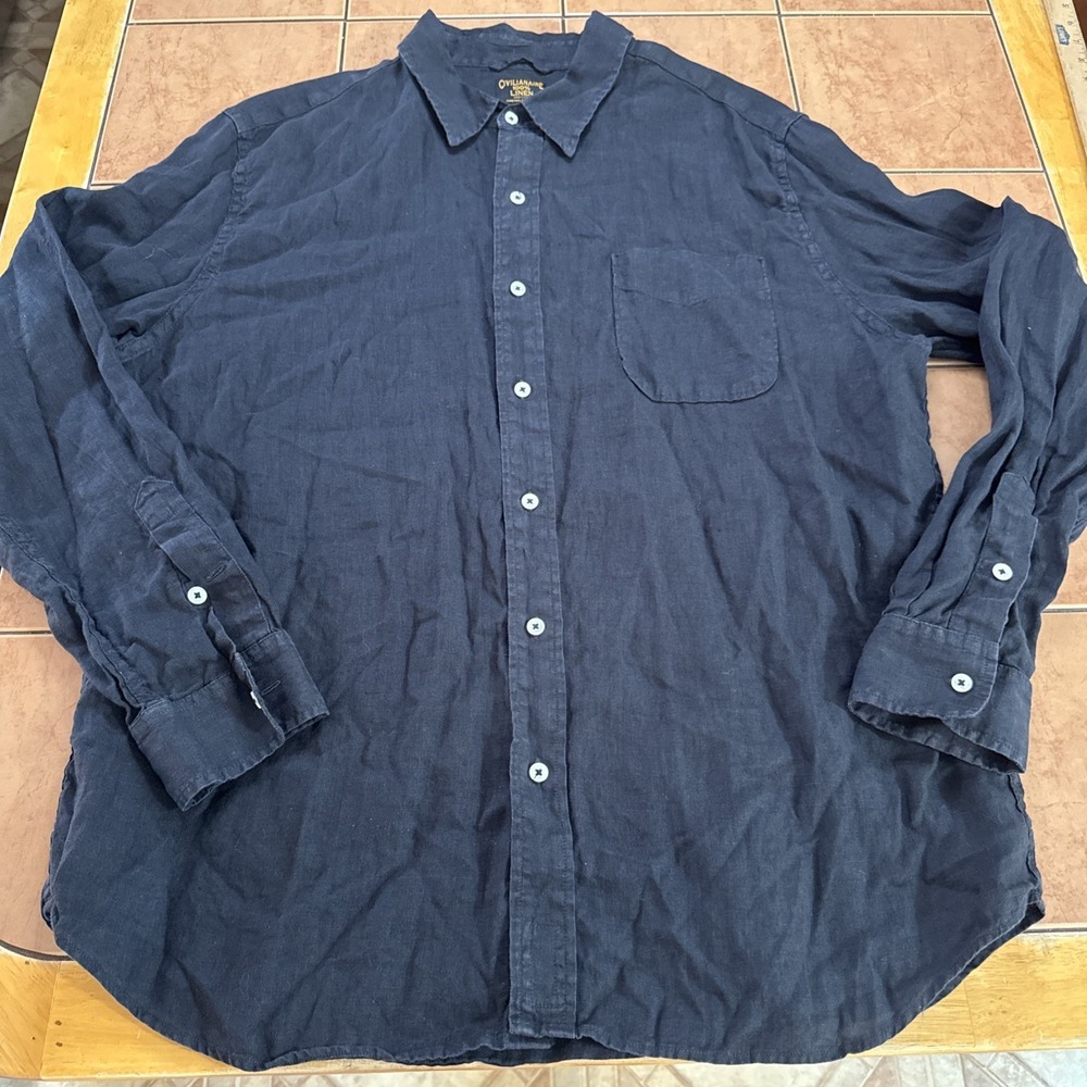 Civilianaire Button Front Shirt Size XL Black 100% Linen Long Sleeve USA Made